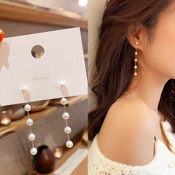 Women Elegant Long Boho Gold Pearl Drop Dangle Earring Tiny Pearl Chain Jewelry - Picture 2 of 6